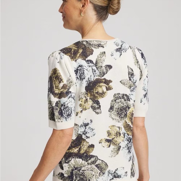 NWT Chico's Floral V-Neck Sweater (cream, black, blue, yellow, copper thread) - Picture 3 of 4